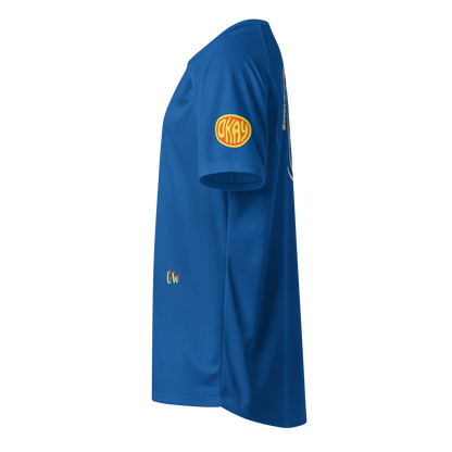 French navy sports jersey side view with yellow oval logo and 'G'w mark