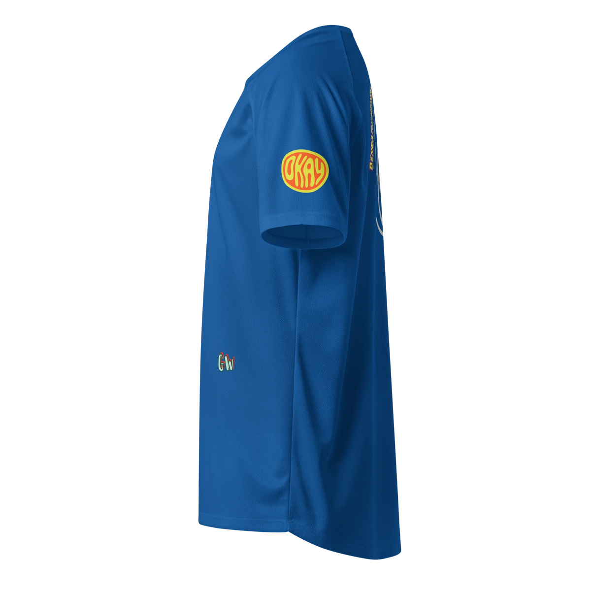 French navy sports jersey side view with yellow oval logo and 'G'w mark