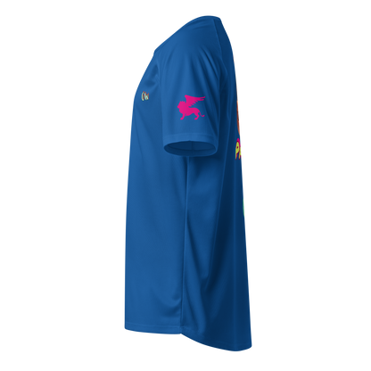 Unisex-Sportsjersey, blau, Seitenansicht mit Pferde-Print am Ärmel