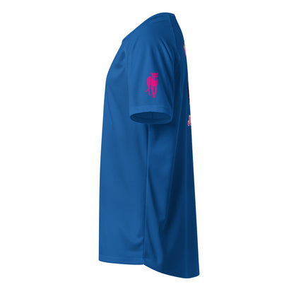 Blue unisex sports jersey side view with small silhouette graphic