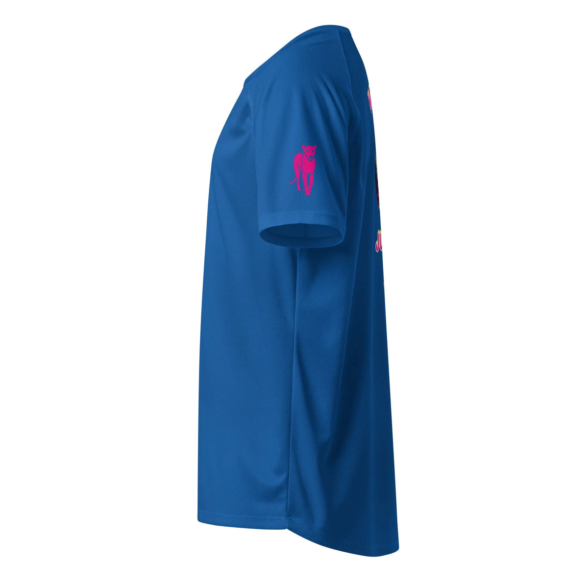 Blue unisex sports jersey side view with small silhouette graphic