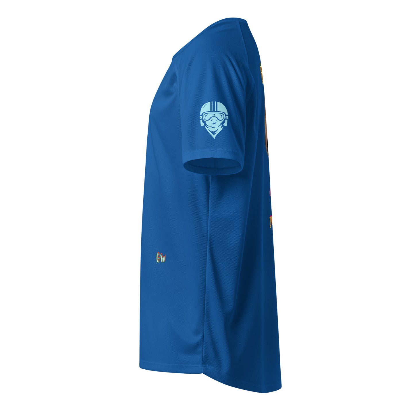 Blue performance T-shirt, side view with helmet mascot logo on sleeve