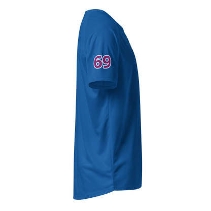 Blue unisex sports jersey, side view with '69' logo on sleeve