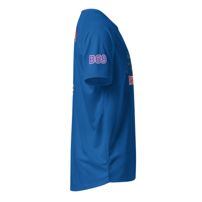 Unisex sports jersey, royal blue; sleeve print “B69” with side graphic