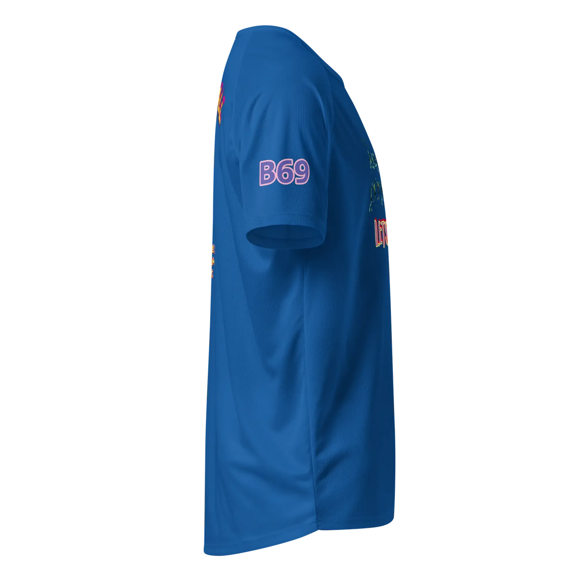 Unisex sports jersey, royal blue; sleeve print “B69” with side graphic