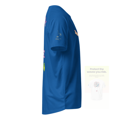 Unisex sports jersey (royalblau) seitlich mit kleiner Sport-Symbolgrafik am Ärmel