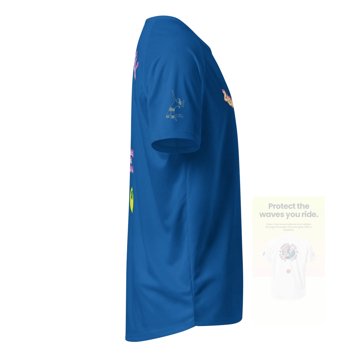 Unisex sports jersey (royalblau) seitlich mit kleiner Sport-Symbolgrafik am Ärmel