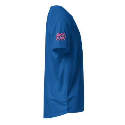 Royal blue sports jersey sleeve with “69” print, short-sleeve