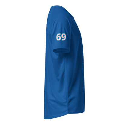 Sport-Jersey, blau, Seitenansicht mit großem „69“ auf dem Ärmel
