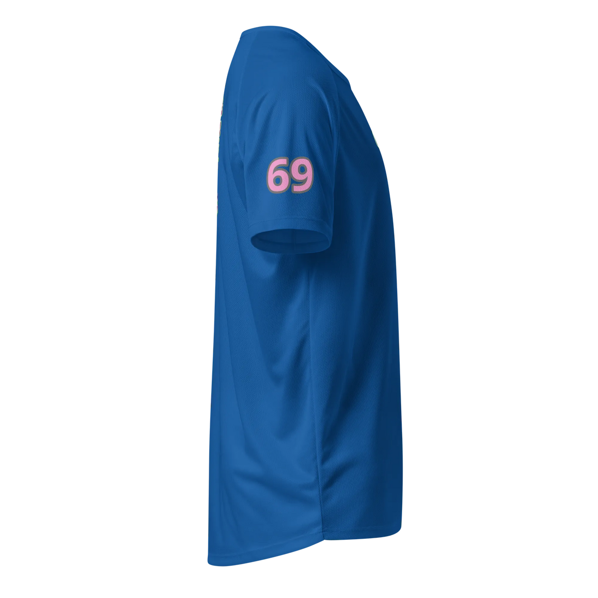 Royal blue sports jersey, side view with '69' number on sleeve