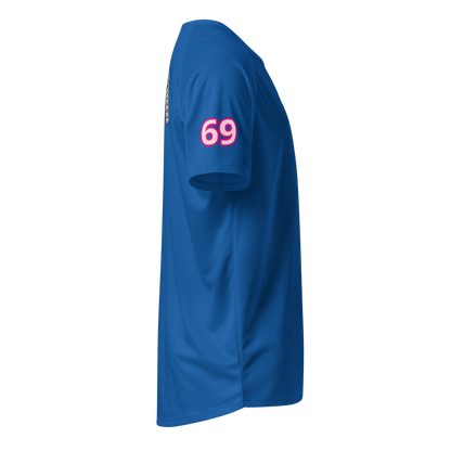Royal blue sports jersey, side view with "69" logo on sleeve