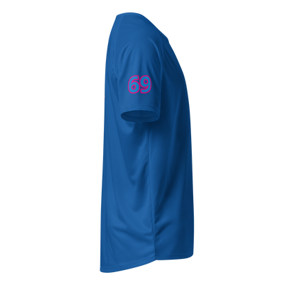 Royal blue sports jersey, side view with blue “69” print near sleeve