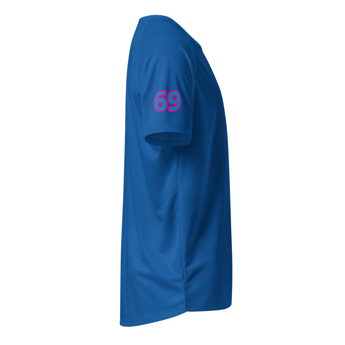 Royal blue sports jersey, side view with blue “69” print near sleeve