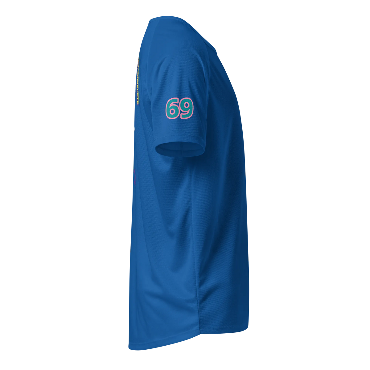 French navy sports jersey sleeve with turquoise '69' graphic