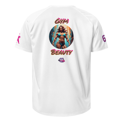 White unisex sports jersey back with “BEAUTY” graphic and small lip icon