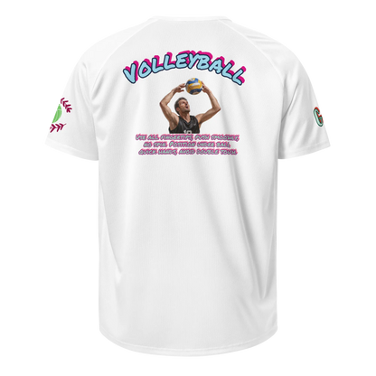 Unisex sports jersey, white back with colorful VOLLEYBALL graphic and text