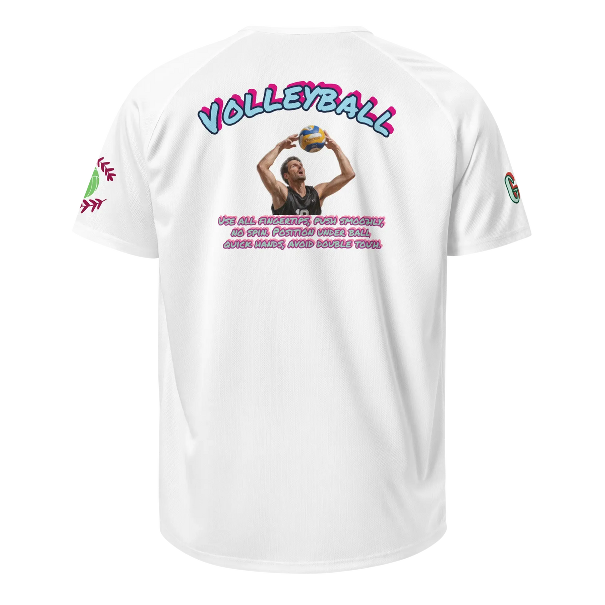 Unisex sports jersey, white back with colorful VOLLEYBALL graphic and text