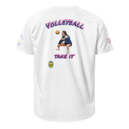 White back of unisex sports jersey with VOLLEYBALL and TAKE IT prints