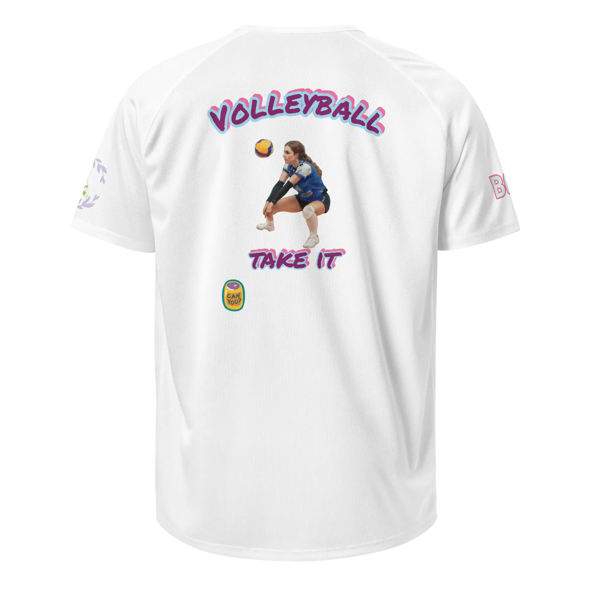 White back of unisex sports jersey with VOLLEYBALL and TAKE IT prints