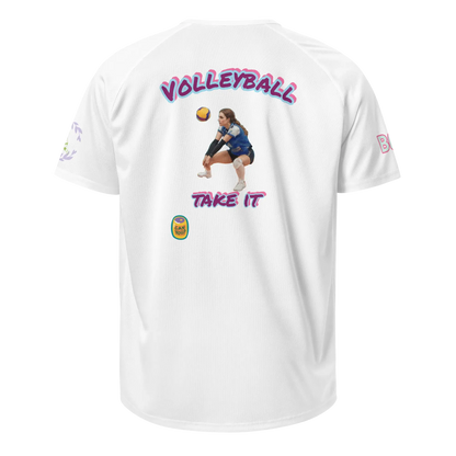 White back of unisex sports jersey with VOLLEYBALL and TAKE IT prints