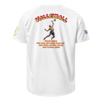 White unisex sports jersey: back “VOLLEYBALL” with text instructions