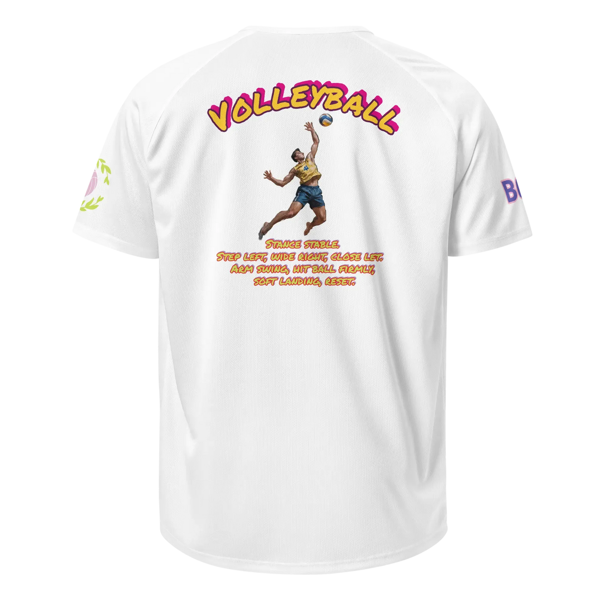 White unisex sports jersey: back “VOLLEYBALL” with text instructions