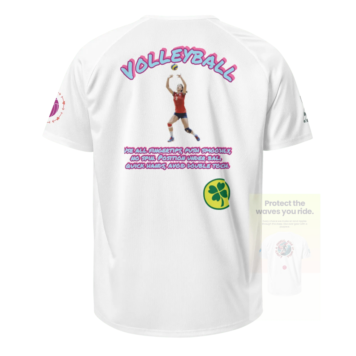 White unisex sports jersey, back graphic print and green clover emblem