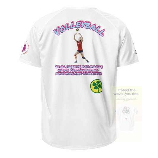 White unisex sports jersey, back graphic print and green clover emblem