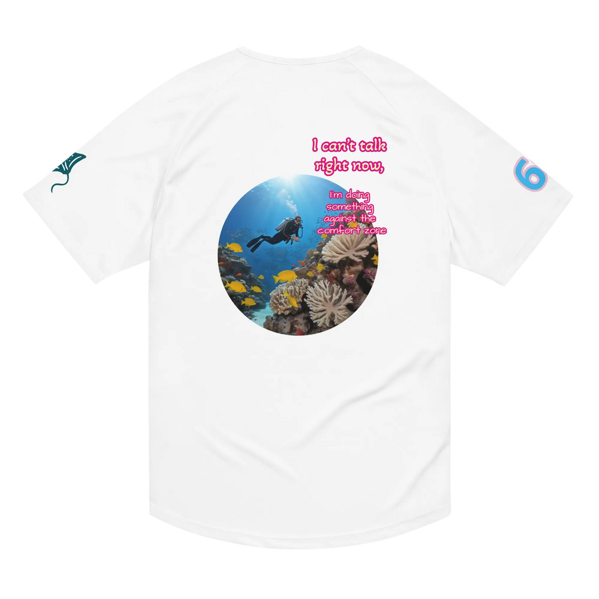 Unisex sports jersey weiß mit rundem Meer-Motiv und rosa Schriftprint