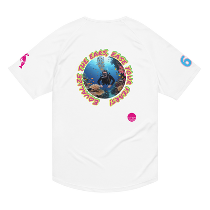 Scuba02 unisex sports jersey in white, back view with circular diving graphic