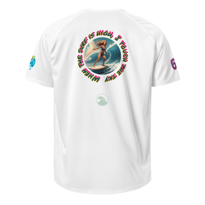 White unisex sports jersey, back graphic circular surf logo