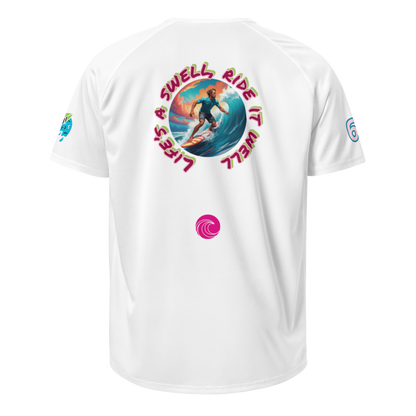 White sports jersey back with "SWELL" circle surfer graphic and pink swirl logo