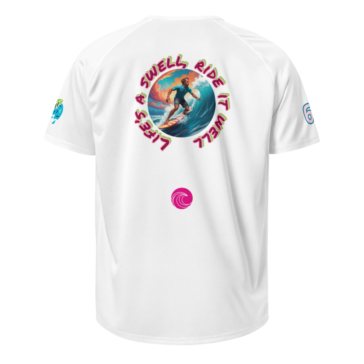 White sports jersey back with "SWELL" circle surfer graphic and pink swirl logo