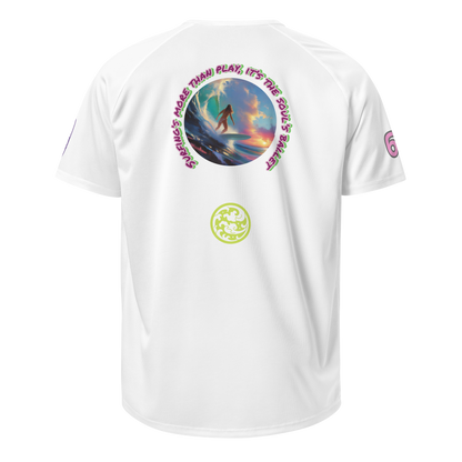 White unisex sports jersey, back graphic print and small circular emblem