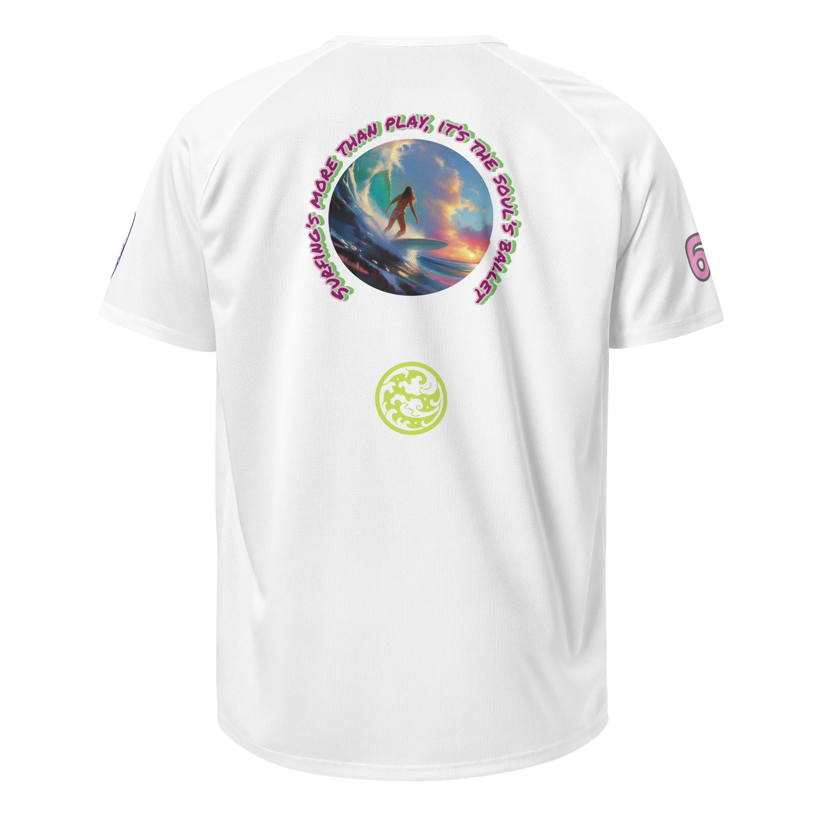 White unisex sports jersey, back graphic print and small circular emblem