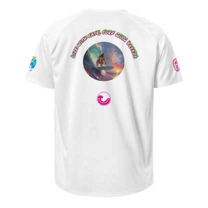 Weißes Sporttrikot hinten mit rundem Surf-Graphic und farbigem Emblem