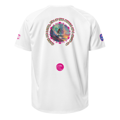 White sports jersey back with circular surfer graphic and pink swirl logo