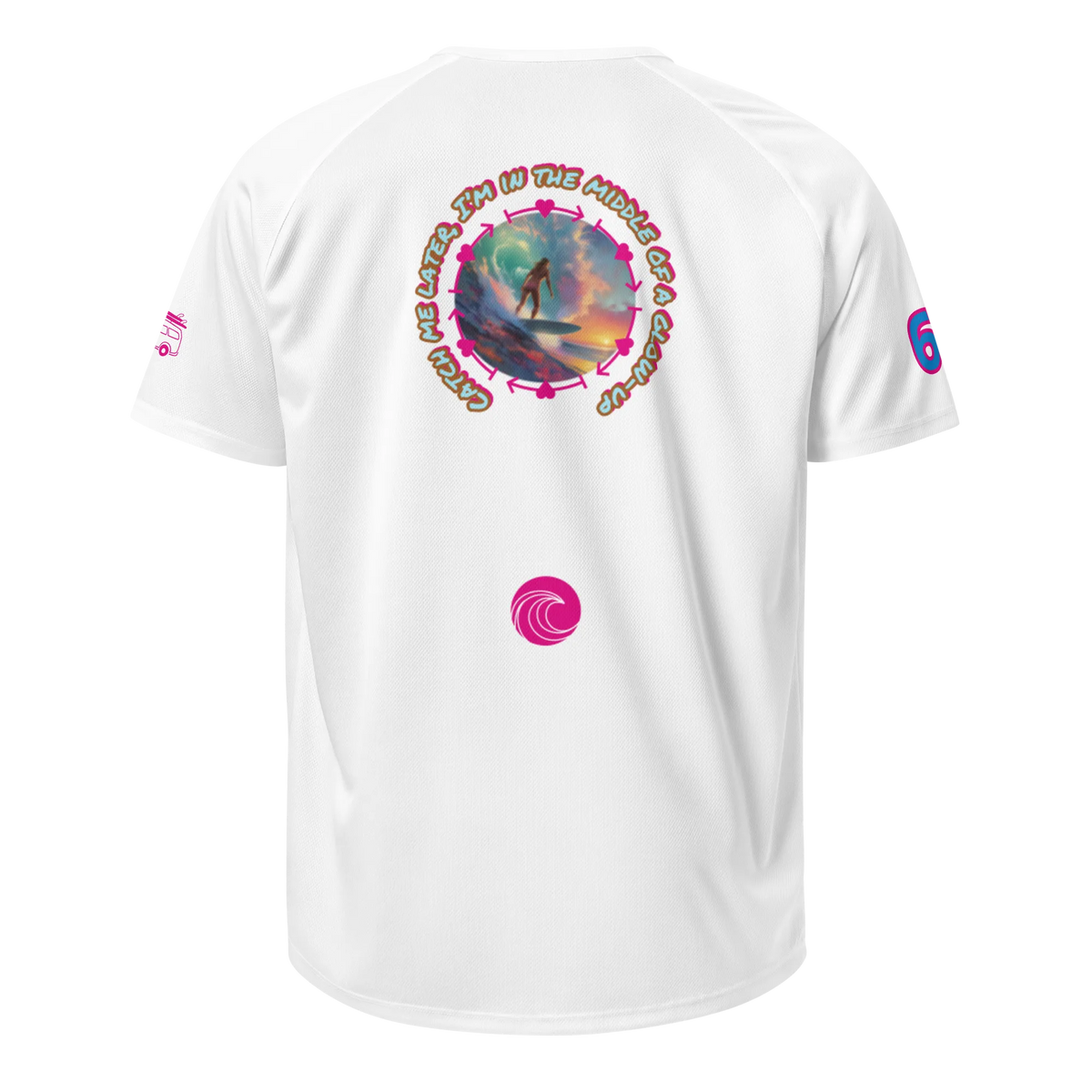 White sports jersey back with circular surfer graphic and pink swirl logo