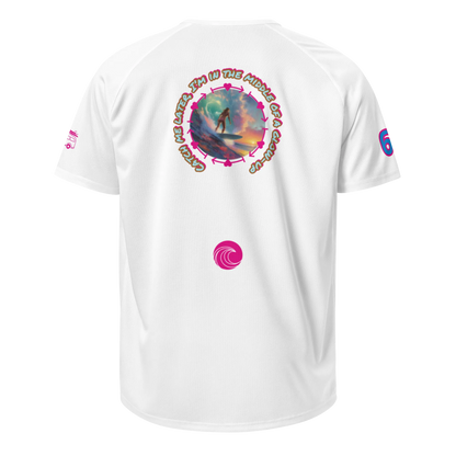 White sports jersey back with circular surfer graphic and pink swirl logo