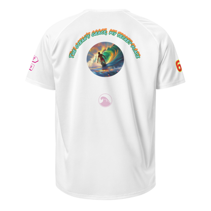 White unisex sports jersey back, circular ocean graphic and logo