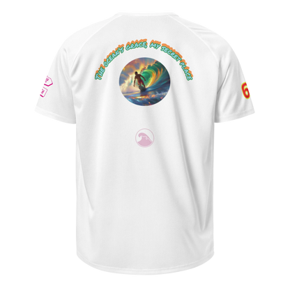 White unisex sports jersey back, circular ocean graphic and logo