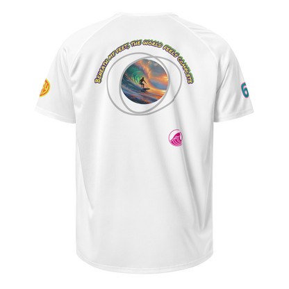 White sports jersey back with circular ocean graphic and curved slogan text