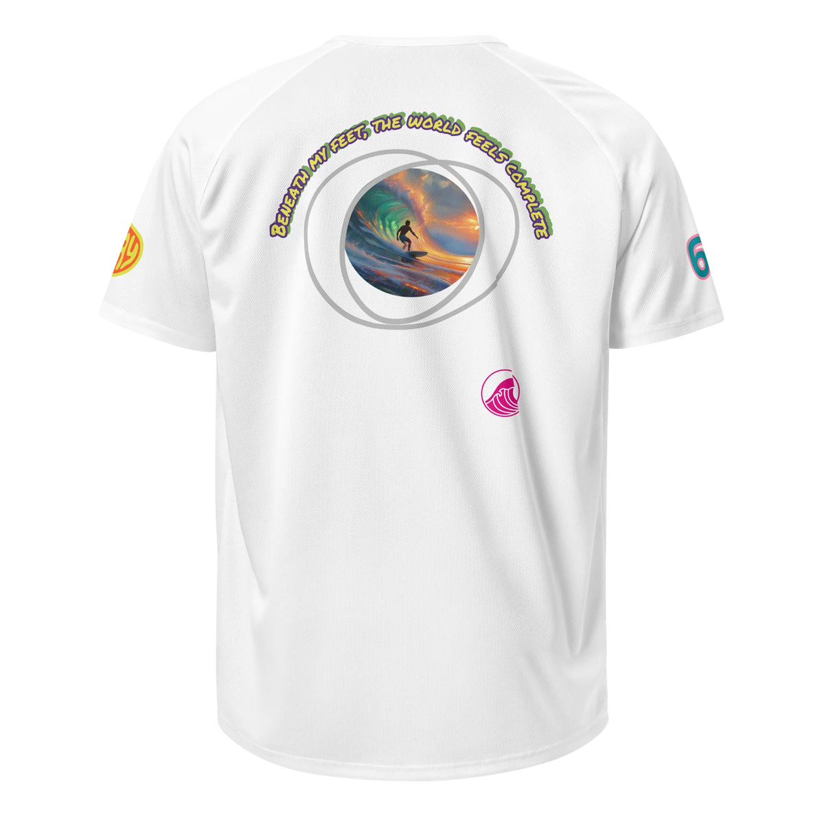 White sports jersey back with circular ocean graphic and curved slogan text