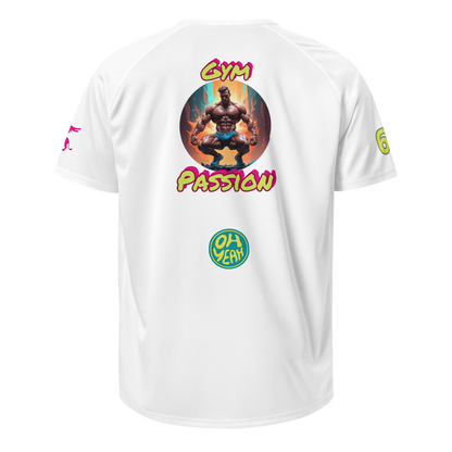 White unisex sports jersey, back print “Gym Passion” and round “Oh yeah” logo