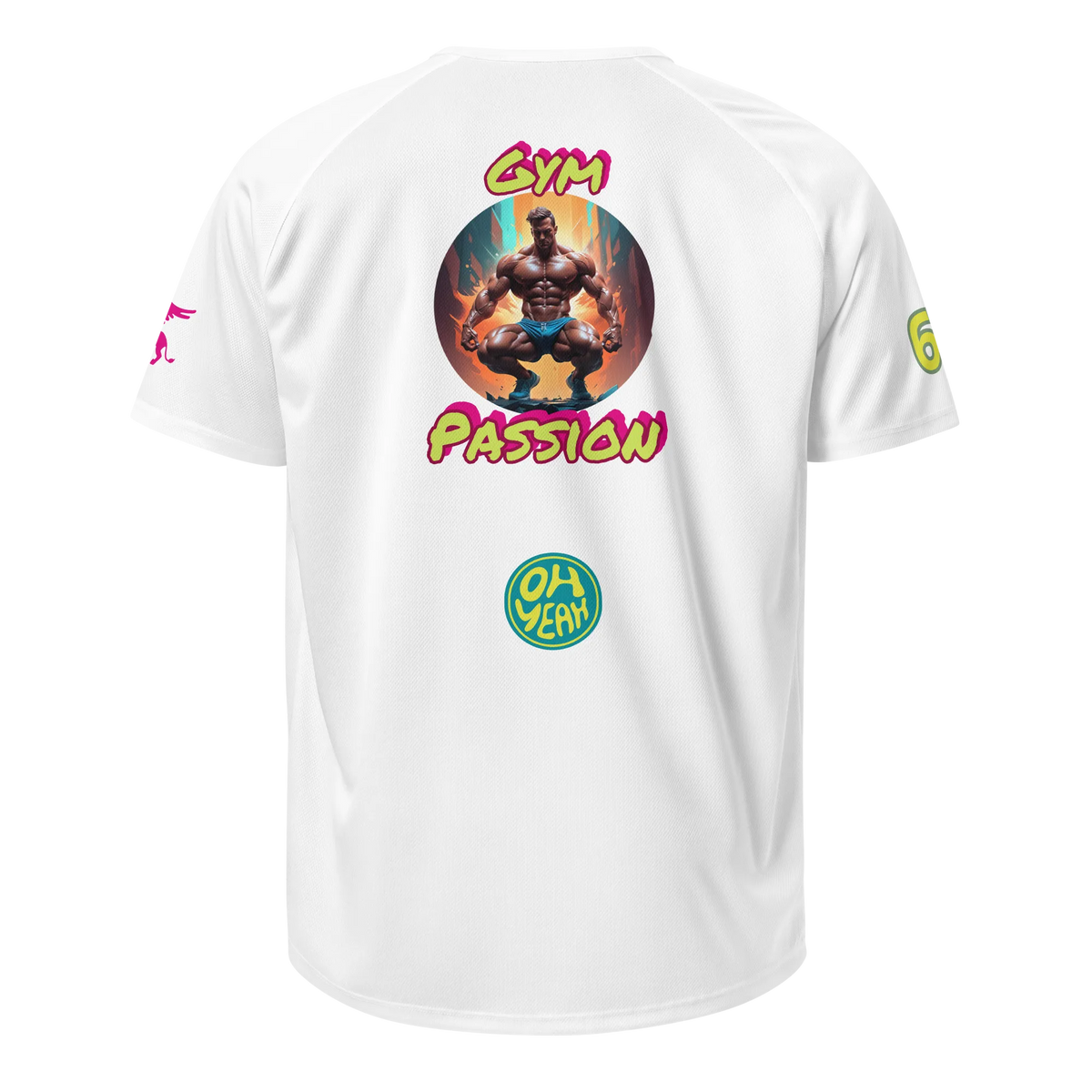 White unisex sports jersey, back print “Gym Passion” and round “Oh yeah” logo