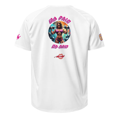 White sports jersey T-shirt with back graphic collage and 'no pain no gain' text
