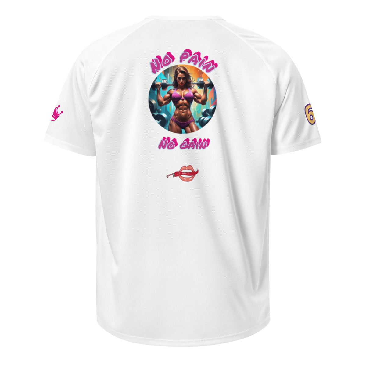 White sports jersey T-shirt with back graphic collage and 'no pain no gain' text