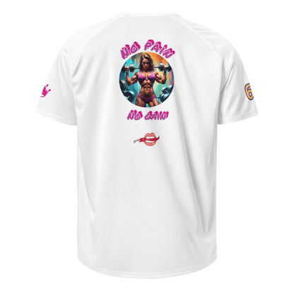 White sports jersey T-shirt with back graphic collage and 'no pain no gain' text