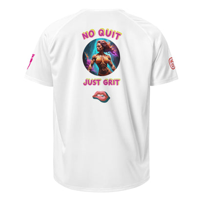 White unisex sports jersey T-shirt, back graphic "NO QUIT JUST GRIT".