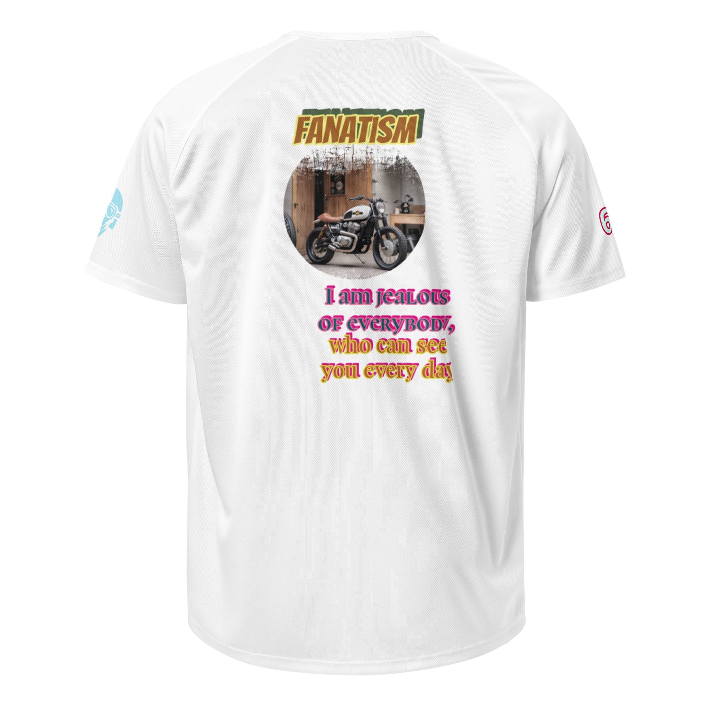 Scrambler#2 T-shirt (White) with back “FANATISM” graphic and colorful quote text